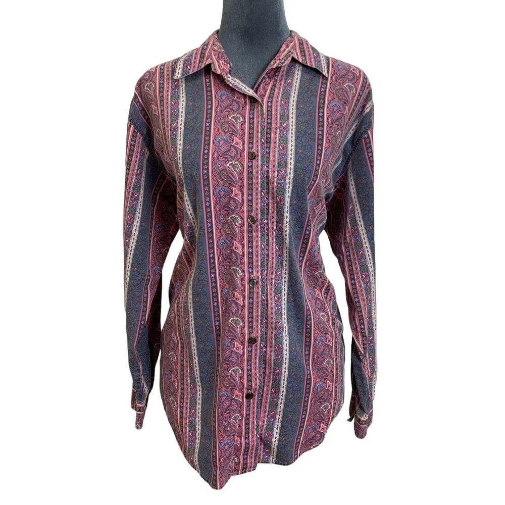 Vintage 90s Kyoto Kasuals Womens Medium Cotton Long Sleeve Shirt Paisley Striped